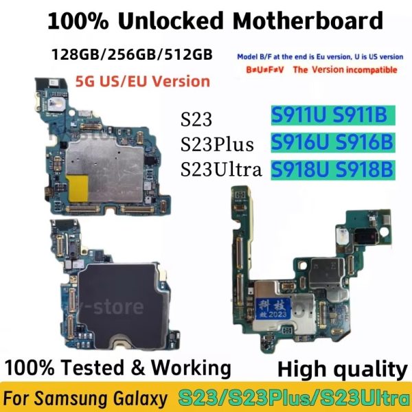 Working Unlocked Motherboard for Samsung Galaxy 5G S23 Plus S916B S916U S911U S911B S23 Ultra S918U S918B Logic Board Full Chips