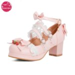 Women Fashion Sweet Bownot Lolita Shoes Block Heels Strawberry Ankle Strap Platform Lace Men Maid Mary Jane Pumps Big Size 34-48 (New)