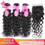 Brazilian Raw Hair Weave Bundles With Lace Closure Virgin Human Hair Bundle Deal With Closure Water Wave Queen Hair Products (New)