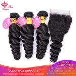 Queen Hair Products Peruvian Loose Wave Raw Hair Bundles With Closure Natural Color Bundles Virgin Human Hair with Lace Closure (New)