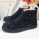 Brand Chentel Hot Sale Flock Red Black Color Studded Sneaker Outdoor Casual Men Flats Spikes Lace-Up Party Vulcanized Shoes (New)