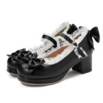 2025 Plus Size 30-48 Womens Candy Colors Mary Janes Pumps Bow Tie Ruffles Black Pink Platform Sweet Block Heels Lolita Shoes (New)