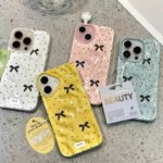 Black Bow Knot Pattern Phone Case iPhone 11 12 13 14 15 16 17 Pro Plus Pro Max Air Shockproof Simple Wrinkled Texture Cover (New)
