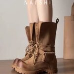 Women Western Boots 2025 Retro Chunky Heel Leather Riding Boots Womens Lace Up Mid Calf Platform Boots For Outdoor (New)