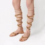 Arden Furtado Roman Style Lace Up Flat Sandals Summer Square Toe Rivet Knee High Strappy Mixed Color Open Toe Large Size Shoes (New)