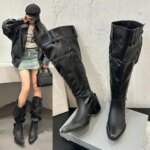 Wrapped Single Boots for Women Spring Summer Pointed Toe Studded Metal Buckle Side Zipper No Knee Block Heel Boots (New)