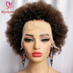 #T1B/4 13x4 Lace Frontal Afro Kinky Curly Short Curly Wigs 100% Human Hair Dark Brown Brazilian Virgin Hair For Women (New)