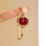 French Retro Women Watch Oval Wine Red Dial Ladies Watches Luxury Thin Minimalist Gold Bracelet Elegant Dress Clock Wedding Gift (New)