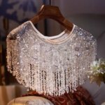 Womens Shiny Silver Beaded Luxury Mesh Tassel Pashmina Female Spring Autumn Vintage Shawl Cloak Collar R2343 (New)