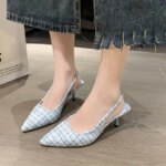 Sea Salt Blue Pointed High Heel Sandals Cloth Surface 6.5CM Thin Heel Shallow Mouth Slip on Single Shoe Women Outdoor Dress Shoe (New)