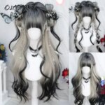 OLA Long Body Wave Black And Gray Ombre Cosplay Wigs Heat Resistant Synthetic Wigs Bangs Natural Lolita Wigs For Women Halloween (New)