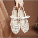 Mesh Embroidery String Bead Design Women Ballet Flats Fashion Buckle Breathable Mary Jane Shoe Comfort Low Heel Soft Flat Sandal (New)