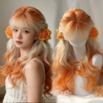 Long Wavy Ombre Orange/Purple Wig with Bangs Synthetic Natural Cosplay Wig Daily Wear Halloween Costume Wig for Women (New)