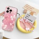 Pink Bow Pattern Chain Case iPhone 14 13 Plus 12 Pro Max Mini X XS XR 7 8 Silicone Wave Side Soft Cover (New)