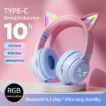 Gradient wireless Headphones RGB cute cat ear Bluetooth Earphones with microphone Stereo Music Game Earphone Girls Kids Gifts (New)