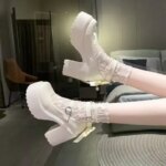 Super High Heel Single Shoes Autumn New Round Toe Shallow Mouth One Strap Platform Bow Non-slip Block Heel Shoes (New)