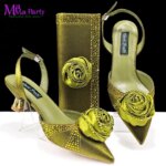 2024 Rose Design 2024 INS Hot Sale New Arrivals African Shoes and Bag Set in Olive Color Pointed Toe Comfortable Heels for Party (New)