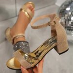 New Summer Fashion Gold Womens Sandals Luxurious Rhinestone Designer High Heels Elegant Buckle Chunky Heel Party Sandals Size42 (New)