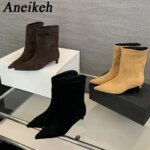 Aneikeh Large Size 41 42 Fashion Winter Faux Suede Pointed Short Boots Low Heel Boots Slip on Party Shoes Botas Zapatos De Mujer (New)