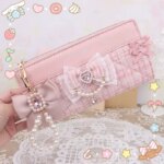 Handmade Hairball Pendant Purse Long Wallet for Ladies Sweet Lady Pearl Beaded Bow Wallets (New)