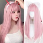 28Inch Pink Synthetic Wigs With Bang Long Natural Straight Hair Wig for Women Daily Cosplay Wig Heat Resistant (New)