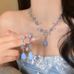 Vintage Blue Flower Tassel Choker Necklace for Women Elegant Silver Color Snake Bone Chain Necklace Wedding Jewelry Gifts (New)