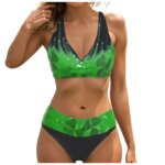 Womens Strappy V Neck Push Up Swimsuit With Rhinestone Embellishments V Waist Print And Bathing Suit for Women 2 Piece Bikini (New)