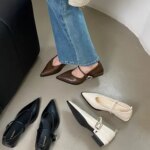 Pointed Toe Women Loafers Black Brown White Casual Mules Shoes Belt Buckle Shallow Slip On Low Flat Heeled Party Pumps Size 40 (New)