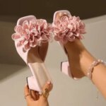 Women Flower High Heel Slippers Casual Walking Shoes Female Summer Fashion Dress Sandals Outdoor Pink Shallow Zapatillas Mujer (New)