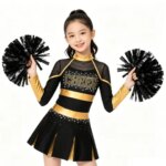 Kids Girls Cheerleading Uniform Cheerleader Dance Costume Glittery Rhinestones Metallic Pleated Dress with 2Pcs Hand Flowers (New)