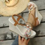 Womens Sandals Wedge Platform Open Toe Braided Straps Beaded Accents T-Strap Elastic Slingback Textured Sole Casual Footwear (New)