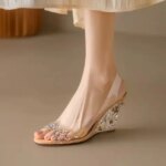 Summer New Round Toe Open Toe Rhinestone Clear Fish Mouth High Heels Fairy Crystal Wedge Sandals (New)