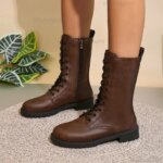 Pu Leather Lace-up Fashion Brown Mid-Calf Boots for Women Spring Autumn Anti-slip Side Zipper Western Short Boots Womens Shoes (New)