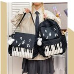 Korean Fashion Nylon Piano Backpack Musical Note Decor Lightweight Shoulder Bag Large Capacity Rucksack Travel Hiking Storage (New)