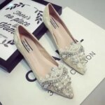 New Crown Pearl soft Flats Wedding Shoes Pointed Toe Women Dress Moccasins Low Pearl Heel Ladies Fashion Luxury plus size 43 (New)