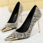 BIGTREE Shoes Rhinestone Shoe Upper Women Pumps Stiletto Heels 9.5 Cm Metal Pointed Tip High Heels Luxury Crystal Pumps Lady (New)
