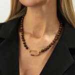 Retro Temperament Maillard Tigers Eye Stone Beaded Necklace for Women Metal O-shaped Clasp Collarbone Chain Jewelry Accessory (New)