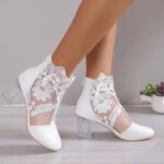 NEW Ethnic Style Women Retro Lace Embroider High Heels Ankle Boots Spring Autumn Round Toe Platform Cool Boot Thick Heeled Pumps (New)