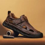 Mens Hollow Out Sandals Leather Thick-soled Beach Shoes Non-slip Handmade Sandals All-match Mens Flats Summer Outdoor Shoes (New)