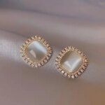 Big Opal Square Crystal Stud Earrings for Women Sweet Punk Simple Rhinestone Geometry Party Jewelry Girl Gift (New)