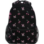 Black Pink Bow Cherry Backpacks for Girls Boys Elementary School Bag Kids Bookbag Personalized Travel Daypack 3rd 4th 5th Grade (New)