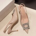 Summer New Rhinestone Square Buckle High Heels Women Stiletto Pointed Toe Wrapped Head with Skirt Back Empty Sandals (New)