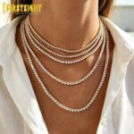 Iced Out Bling Zircon 3mm Tennis Chain Necklace 3 Prong Gold Silver Color CZ Charm Choker Women Man Hip Hop Fashion Jewelry (New)
