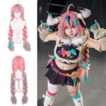 Varesa Cosplay Synthetic Wig 38-Inch Halloween Daily Party Anime Game Comic Exhibition Pinkish-Green Braided Double Braids Hair (New)