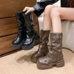 Women Shoes Autumn Brown Retro Mid-Calf Boots Fashion Zipper Knight Boots Shoes for Women New Round Toe Waterproof Boots Zapatos (New)