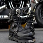 Design New Unisex Leather Boots Silver Skull Devil Goth Punk Metallic Motorcycle Ankle Boots Large Size 35-48 Handmade (New)