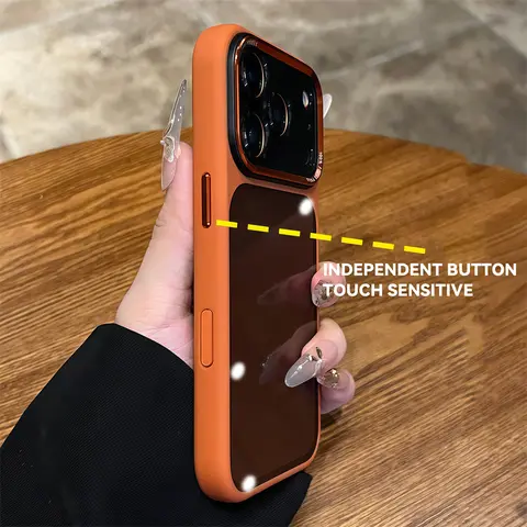 S544bd84b58334c36968984bf96092893b_480x480q75 Luxury Matte Bumper Orange Transparent Case iPhone 13 14 15 Plus 16 17 Pro Max Metal Camera Buttons Shockproof Clear Cover (New) - Image 1
