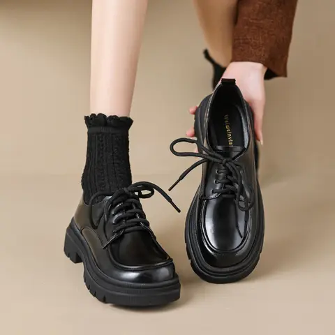 S5af41b4f56924743b2d7d5eb7ab28883K_480x480q75 Women Black Lace Up Platform Loafers Retro British Style Leather Shoes Soft Sole Minimalist Casual Daily Footwear (New) - Image 1