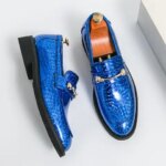 Mens Glossy Leather Shoes European American Luxury Blue High-end Banquet Loafers Commuting Party Dress Formal Shoes Size：38-46 (New)