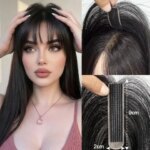 No Clip Velcro Real Human Hair Topper Weightless Black Air Bangs Cover Sparse Hair Seams Patches 2x9cm #3 Net Human Hair Pieces (New)
